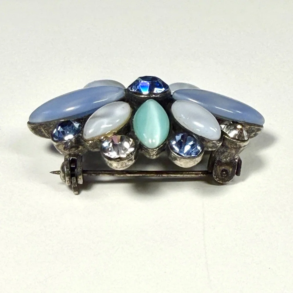 Vintage 80s Liz Claiborne Floral Brooch Blue Mint Milk Glass Rhinestone Cluster